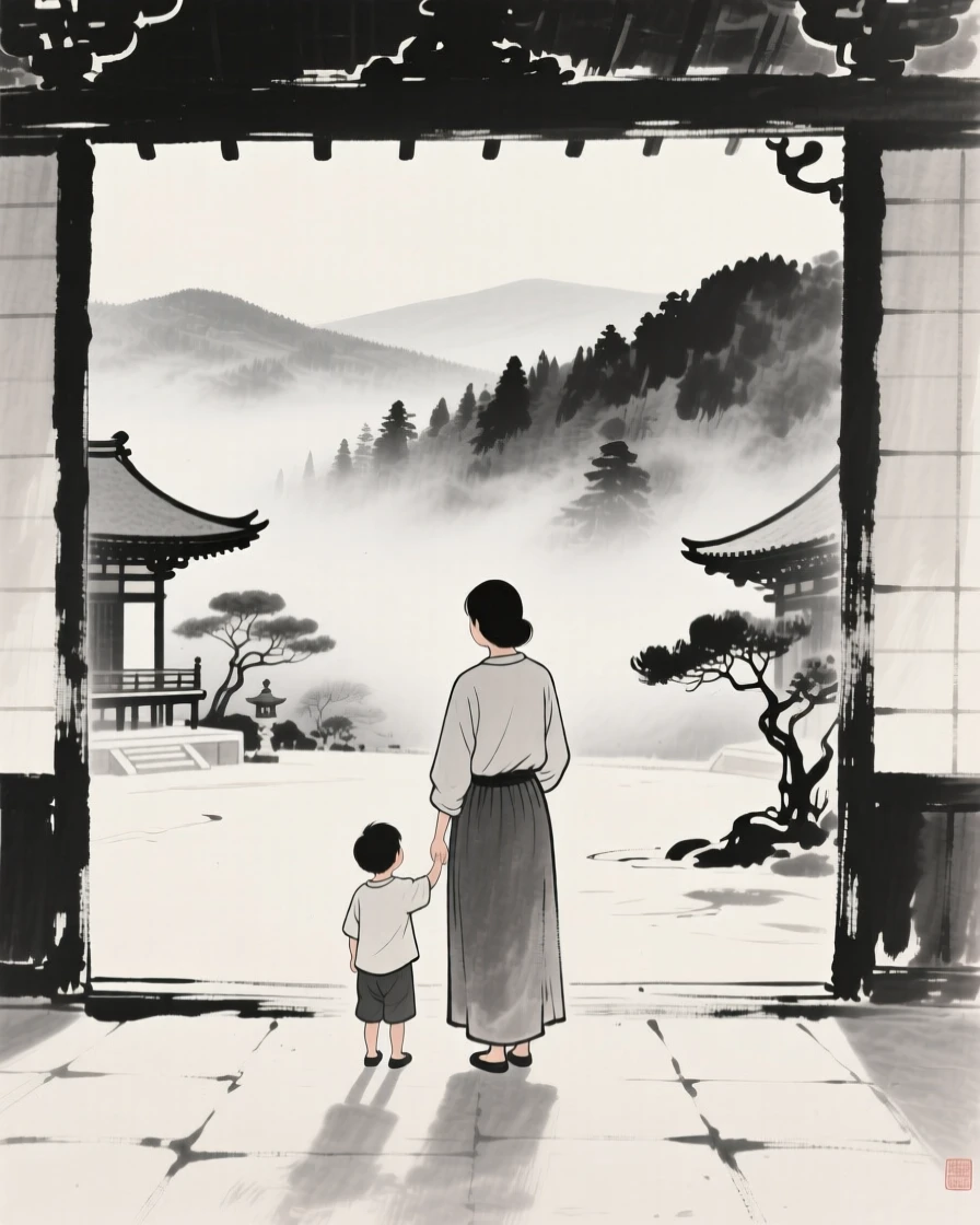 A mother and child gazing out over a misty valley within a peaceful temple courtyard, framed intimately, focusing on quiet gesture and expression, suggesting harmony between people and their surroundings.