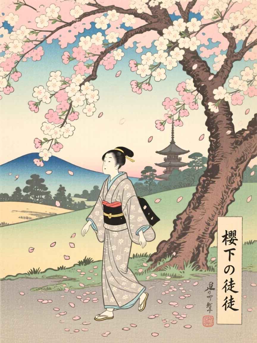 A young apprentice walking beneath a canopy of cherry blossoms.