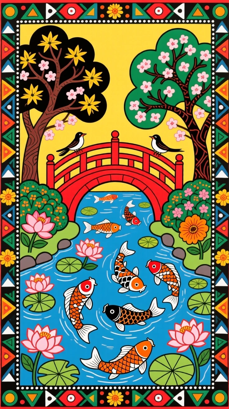 A quiet Japanese garden with a red bridge arching over a koi pond.