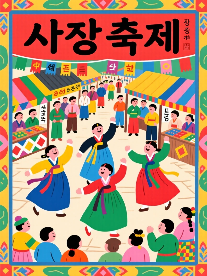 Dancers performing in colorful traditional dress in a bustling market square.
