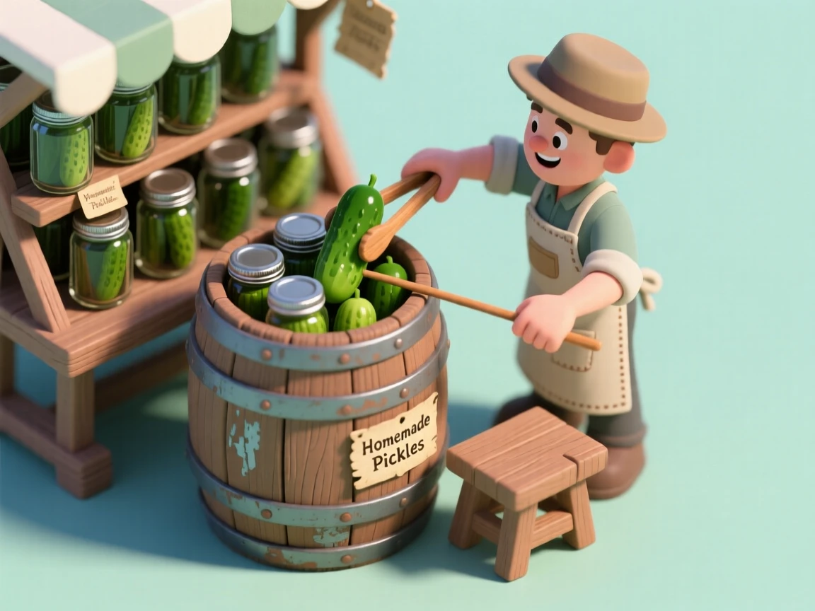 A rustic pickle barrel stand at a market, briny jars lined up, and a vendor fishing out a crisp pickle with wooden tongs.