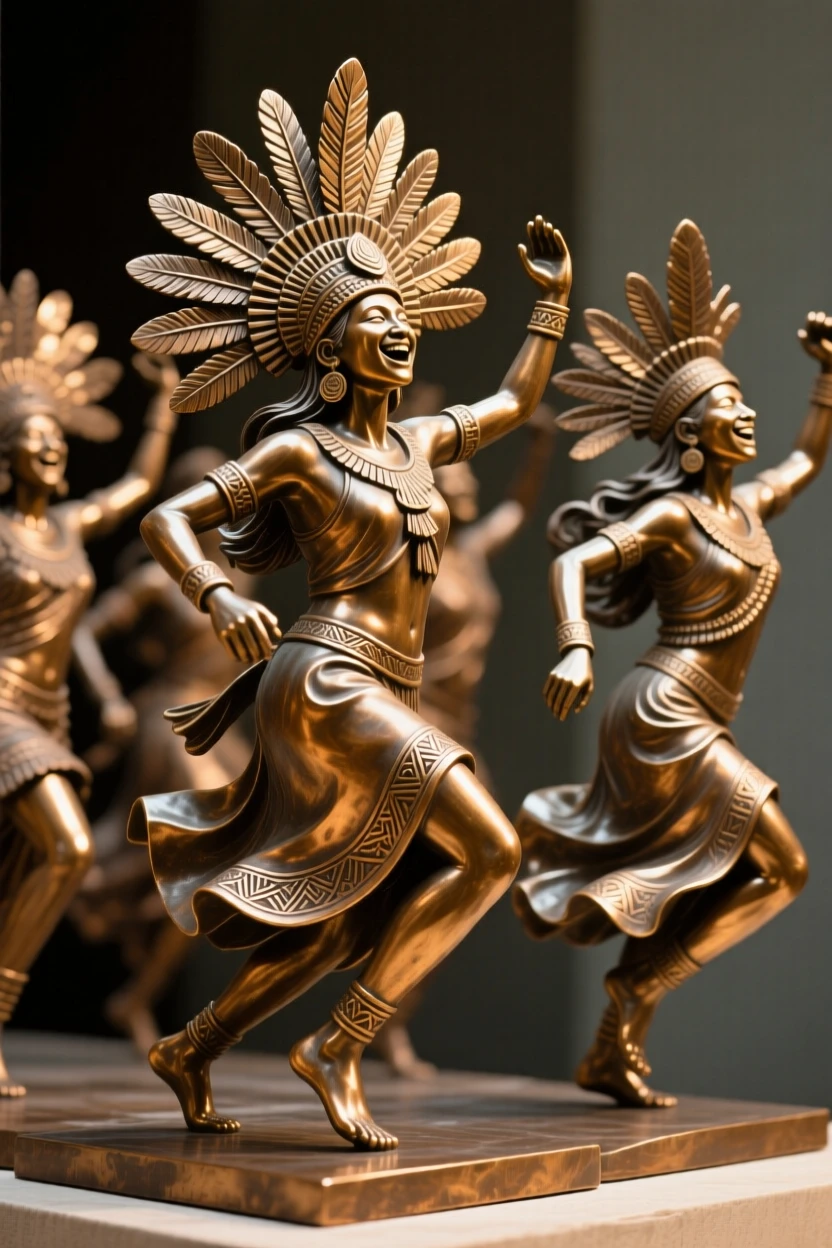 A procession of dancers in feathered ceremonial headdresses, bathed in warm celebratory light, celebrating shared human joy