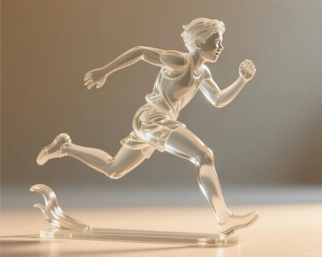 A young athlete caught mid-stride, softly lit by warm natural light, shallow depth of field isolating the subject, expression full of genuine emotion.