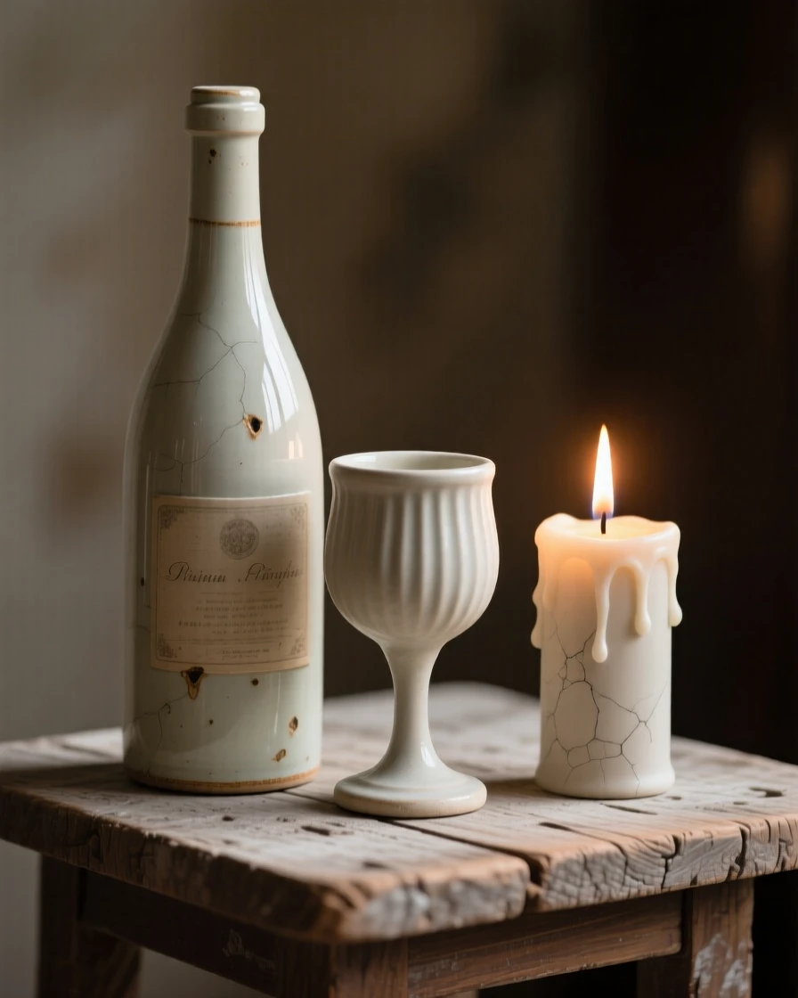 A wine bottle and glass beside a candle illuminated by a single warm light source, showing small, charming signs of age, evoking nostalgia and quiet charm.