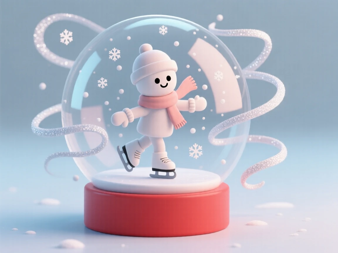 A jolly snow globe scene comes to life as a tiny cheerful skater twirls inside swirling glitter snow.
