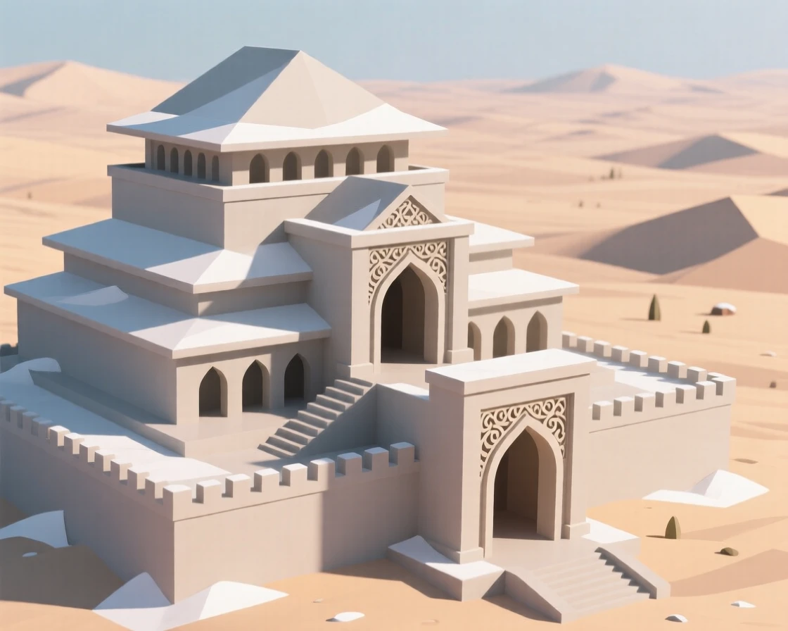 A vast desert palace with intricate carved archways, dusted lightly with fresh snow. the composition highlights layered rooftops and textures. The mood feels romantic and picturesque.