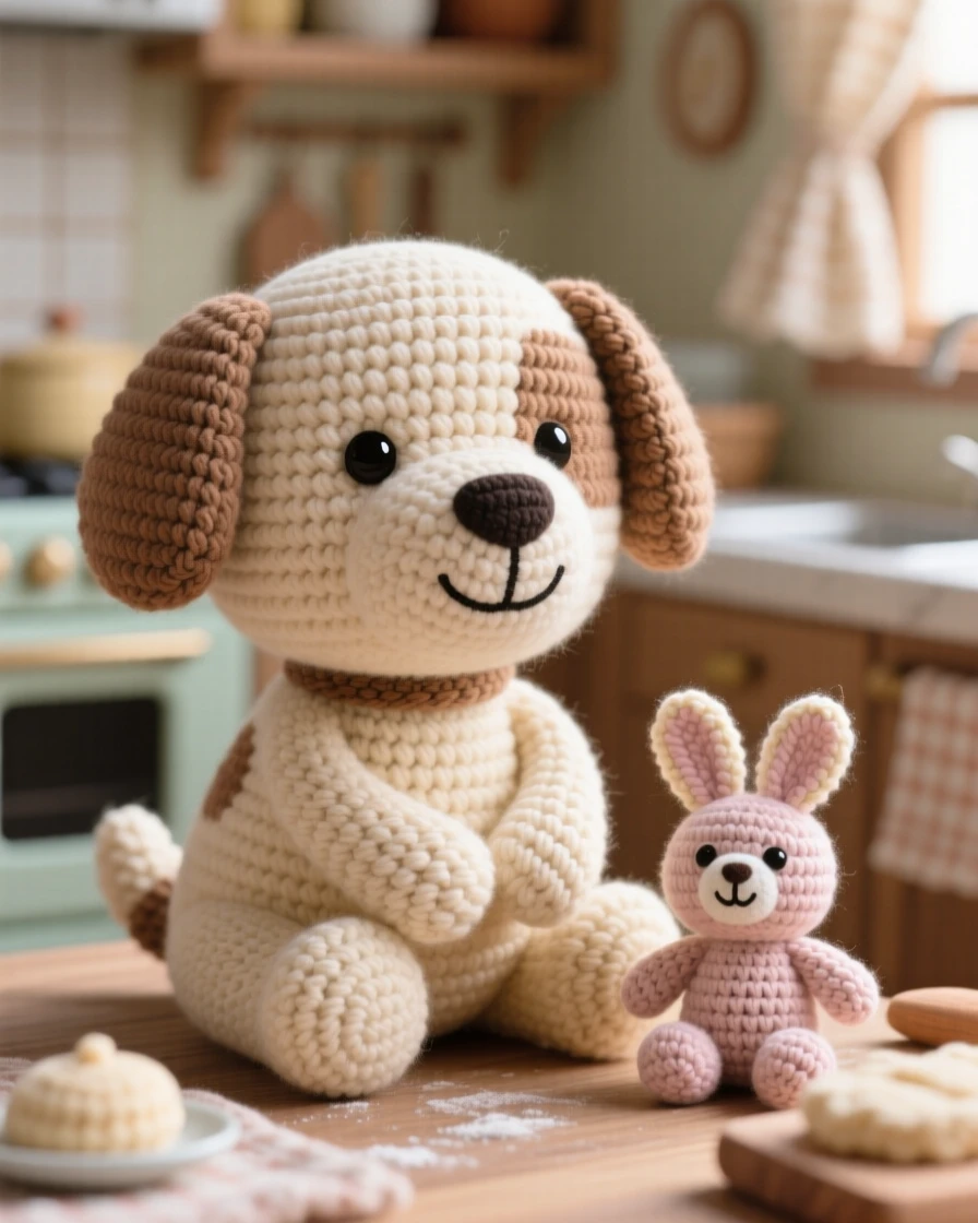 A tender everyday moment: a content dog resting by the door waiting patiently for its owner, with head resting on crossed paws inside a quiet kitchen filled with the smell of baking; a favorite well-loved stuffed toy completes the scene, full of warm familial love and simple comfort.