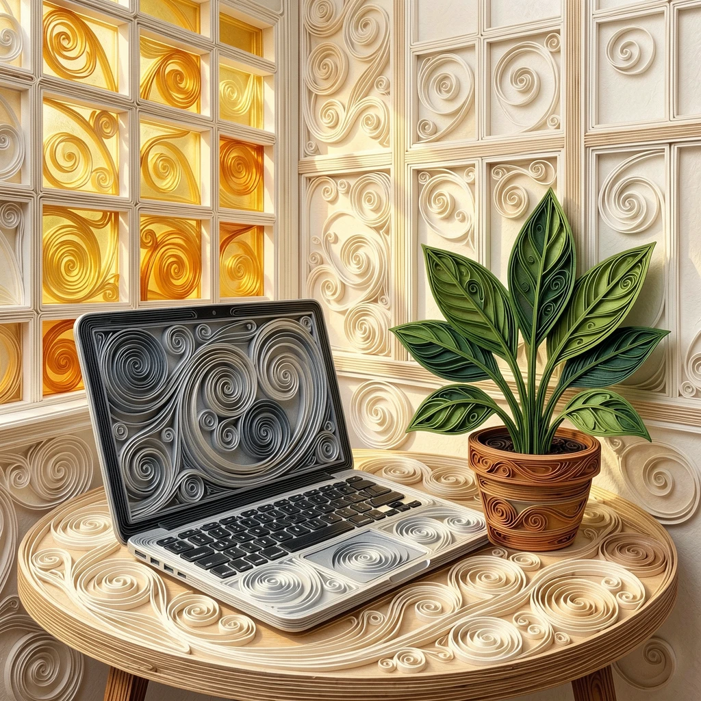 a minimalist home office with a laptop and potted plant, in a cozy neighborhood café, composed with a fresh, airy, minimalist aesthetic, with soft golden afternoon light throughout.