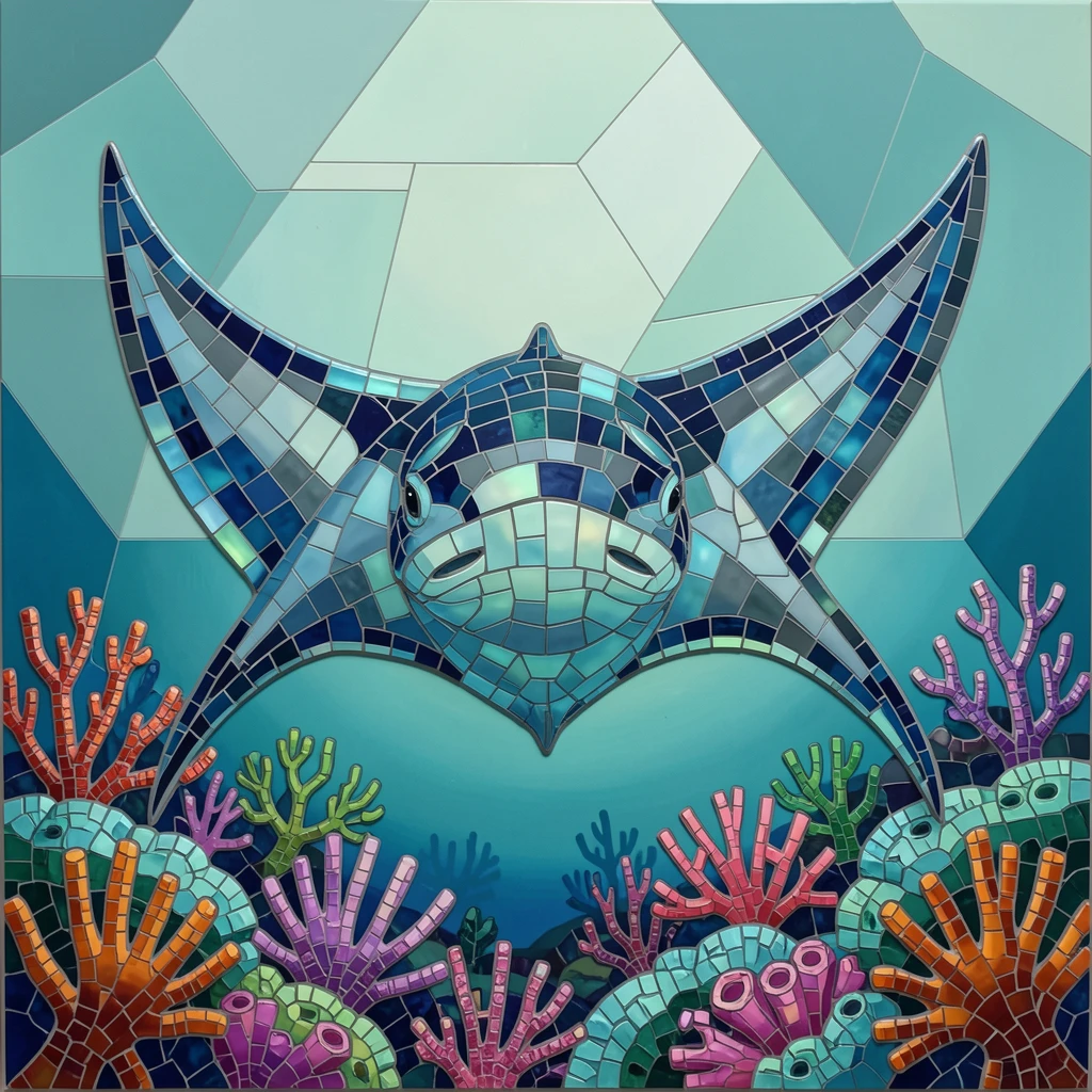 A dreamlike underwater view of a giant manta ray gliding gracefully over a coral reef, glowing with soft blue-green light.