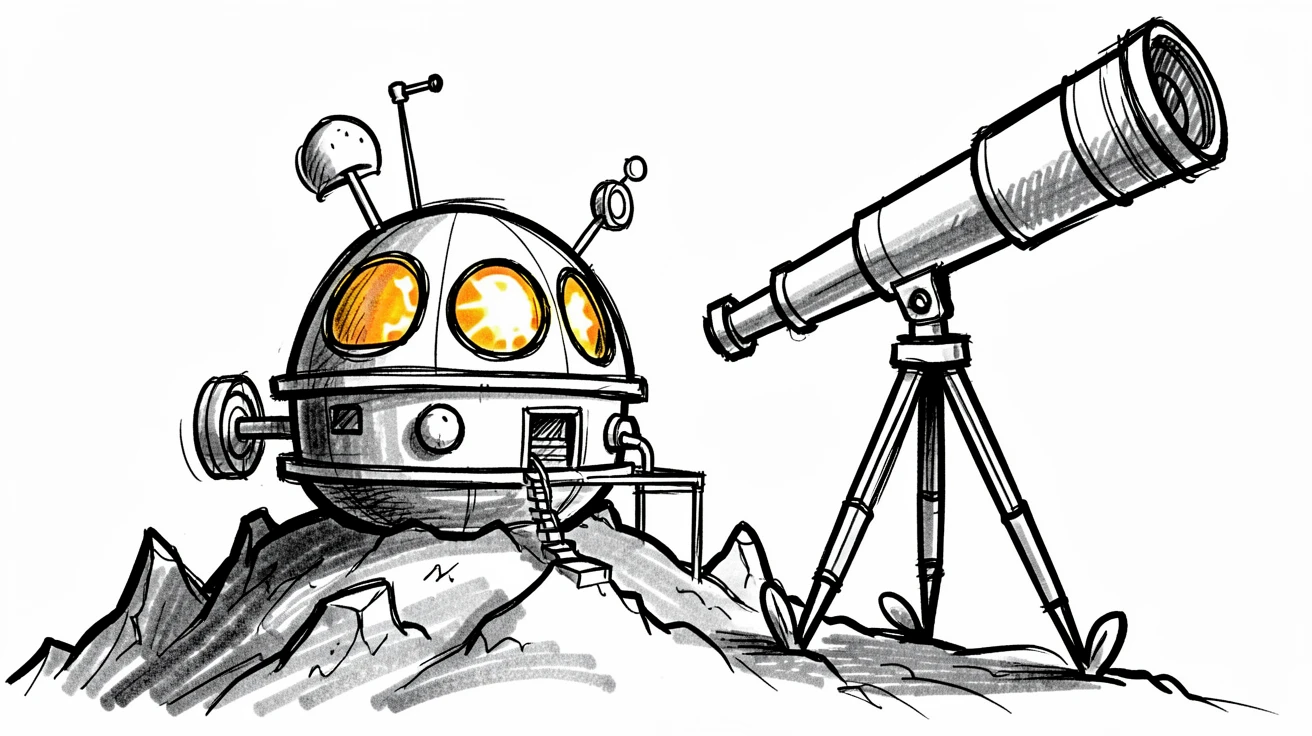 A moon base with glowing dome windows beside a telescope on a hilltop.