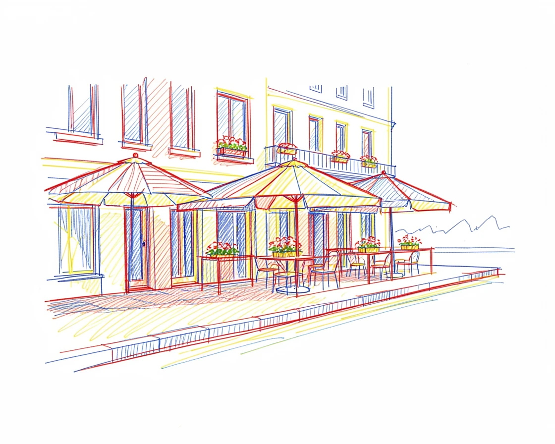 A quiet canal-side café with striped umbrellas and flower boxes