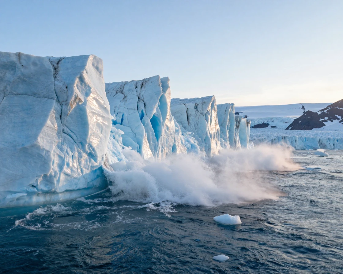 A melting glacier calving chunks of ice into the sea
