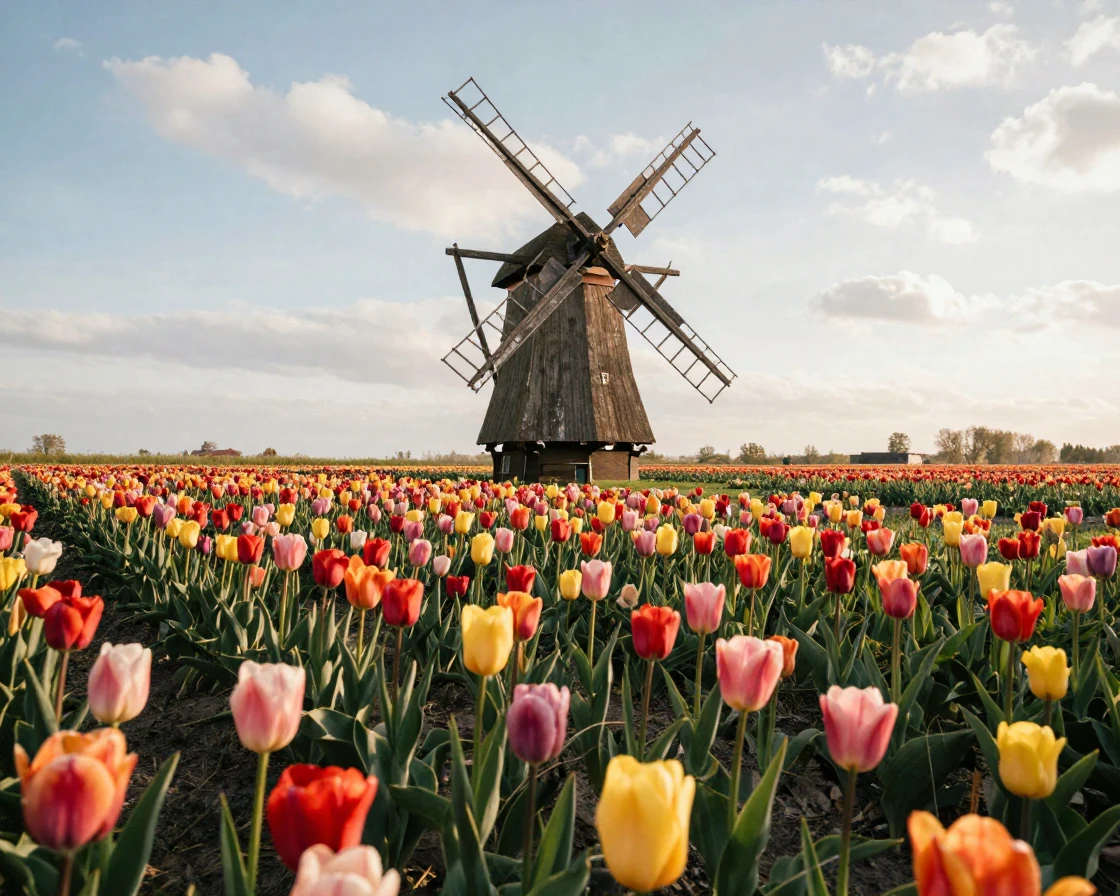 An old windmill stands alone in a field of blooming tulips stretching to the horizon.