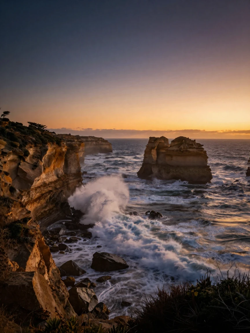 A rugged coastline battered by crashing waves as evening shadows lengthen