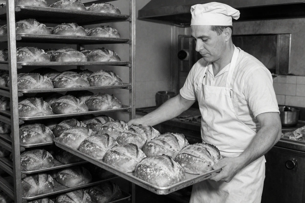 A baker pulls a tray of golden loaves from the oven beside rows of cooling racks.