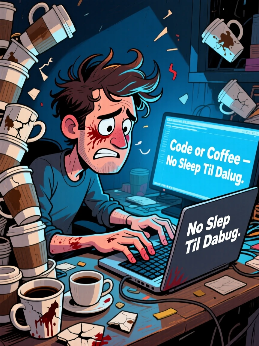 A software developer surrounded by empty coffee cups, fingers flying across the keyboard at 2am.