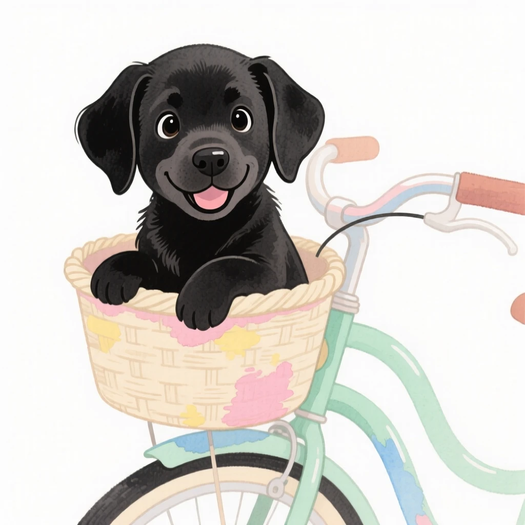 A black lab puppy riding in a bicycle basket
