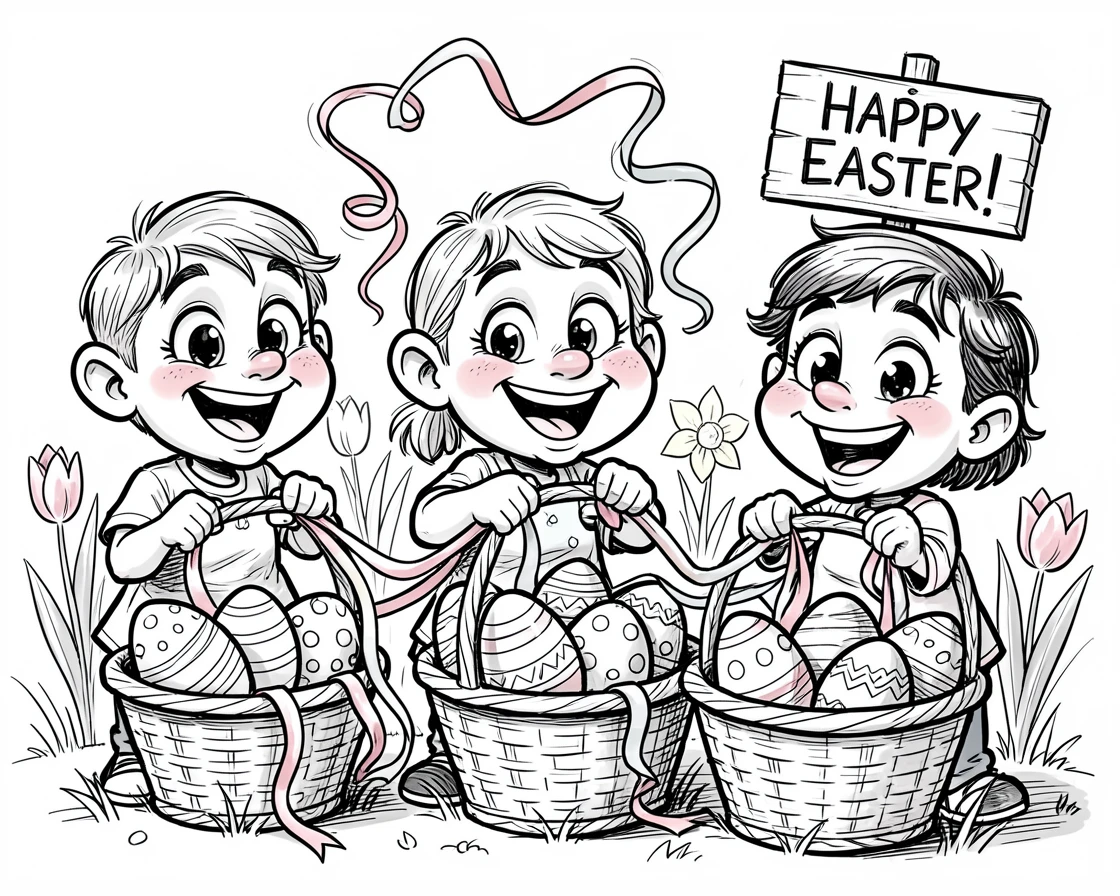 [Seasonal Holidays & Celebrations] Festive scene of children decorating Easter baskets with colorful ribbons, full of celebration and joy