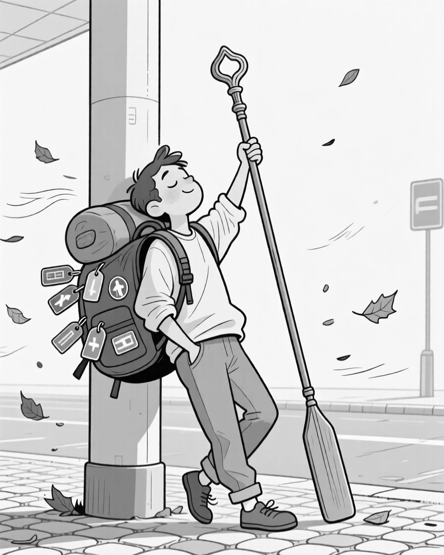A traveler napping upright against an airport pillar, gesturing grandly with one oar raised like a scepter, set on a windy cobblestone street. Luggage tags flutter from an overstuffed backpack. It radiates wanderlust and the fun of getting a little lost.