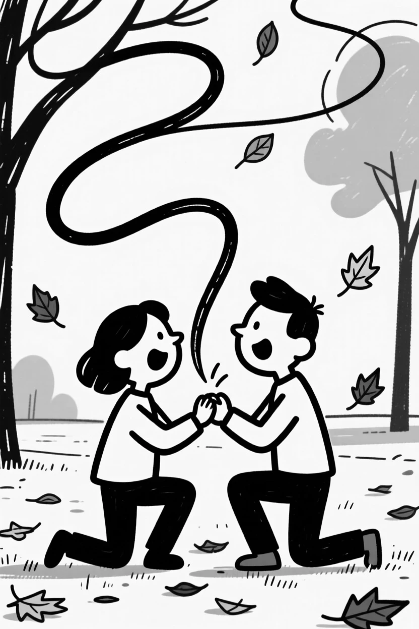 A partner proposing on one knee in a park as autumn leaves fall around them.