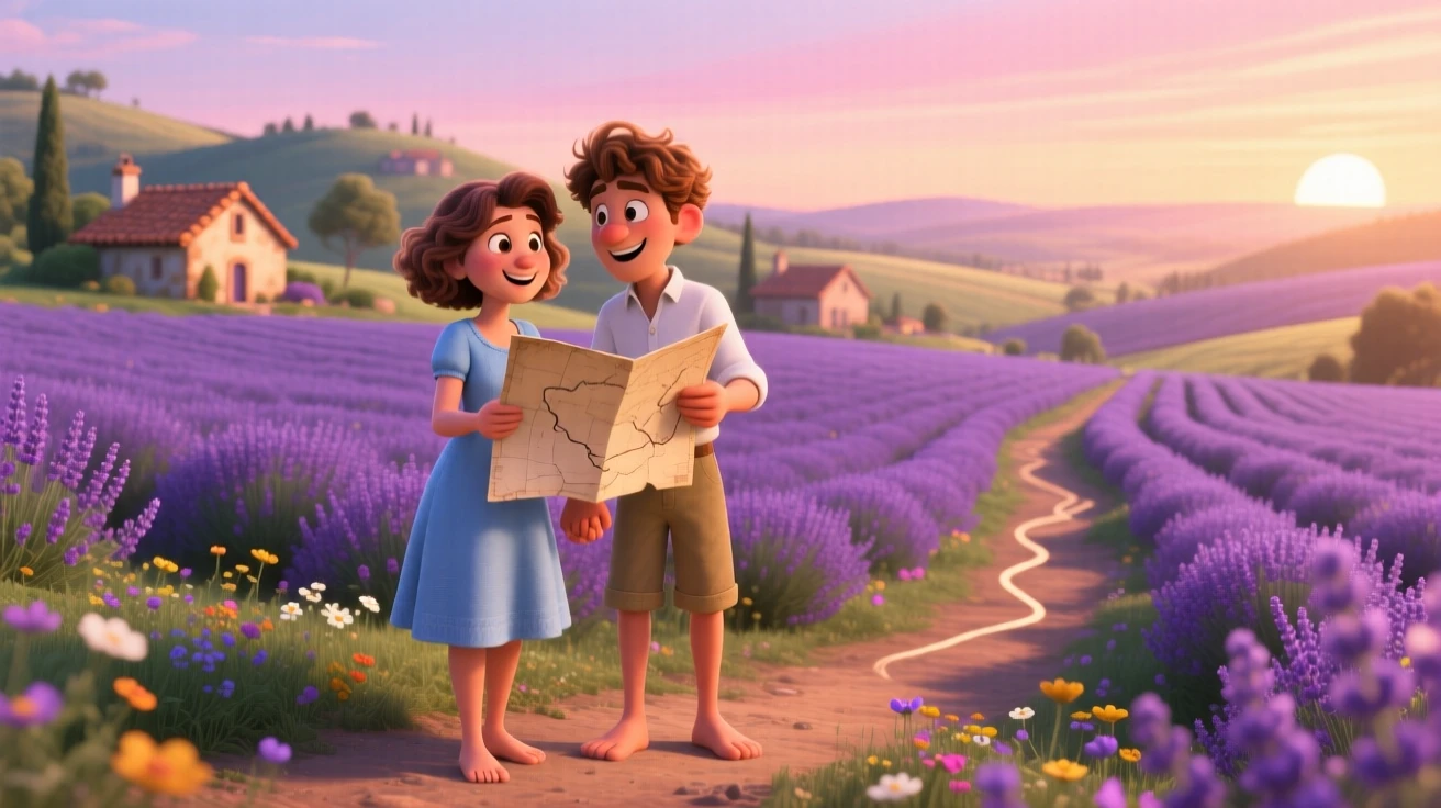 A couple holding hands stands beside a field of lavender stretching to the horizon, tracing a path on an old paper map. The mood is adventurous, peaceful, and awe-inspiring, with terracotta rooftops stretching into the distance.