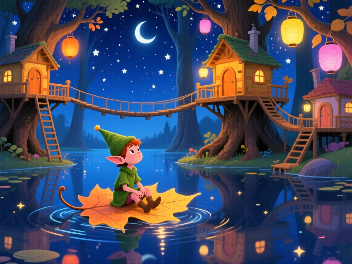 A treehouse elf pauses from riding a floating leaf boat across a starlit lake to marvel at a treehouse village strung with lanterns, as reflections shimmer on the still water.