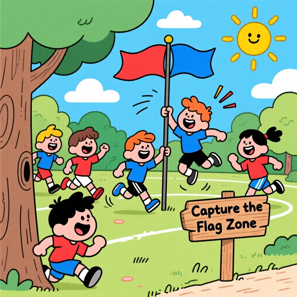 A group of kids playing a lively game of capture the flag.