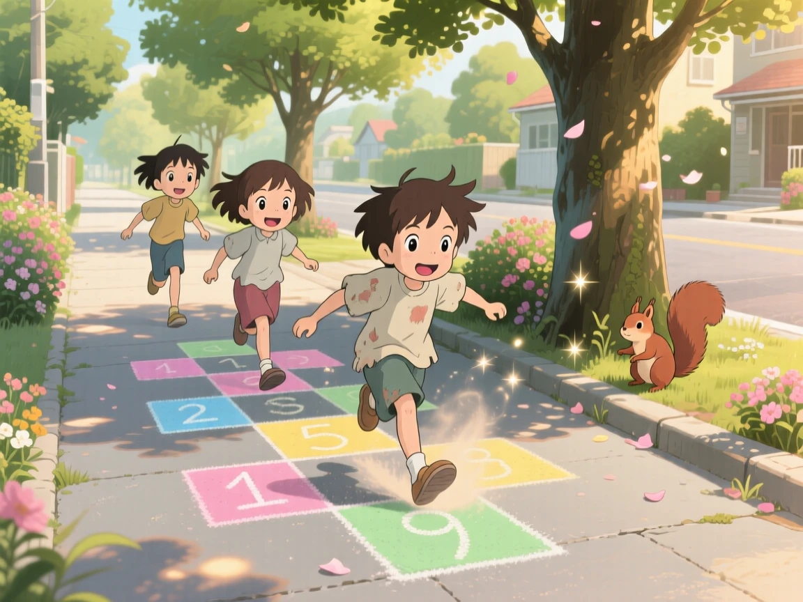 Kids playing hopscotch on a chalk-drawn sidewalk, the moment bright with youthful wonder.