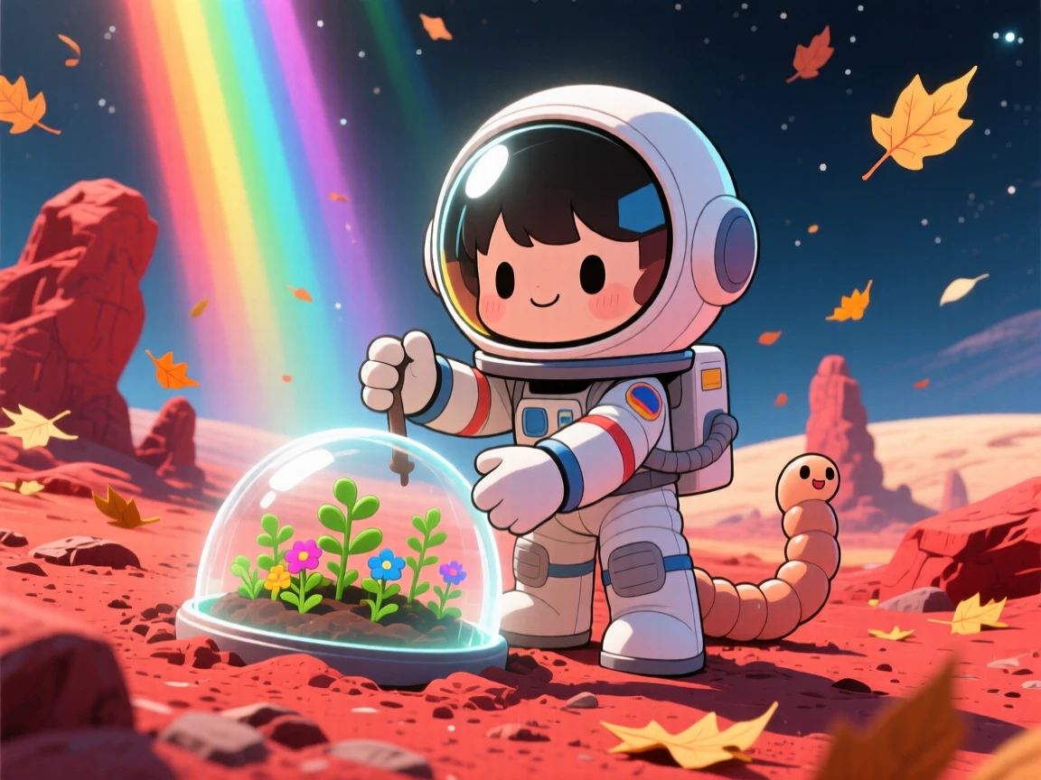 Worm's-eye view of a small astronaut, planting a garden dome on Mars, in a red rocky Martian landscape, with autumn leaves swirling around, illuminated by bright rainbow-tinted light, radiating triumphant pride.