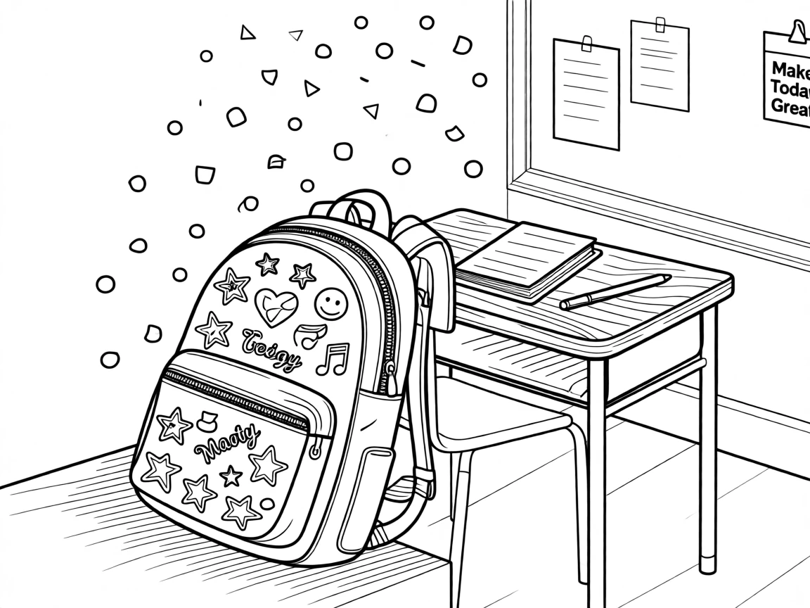 A backpack covered in pins leaning against a classroom desk, with confetti falling through the air.