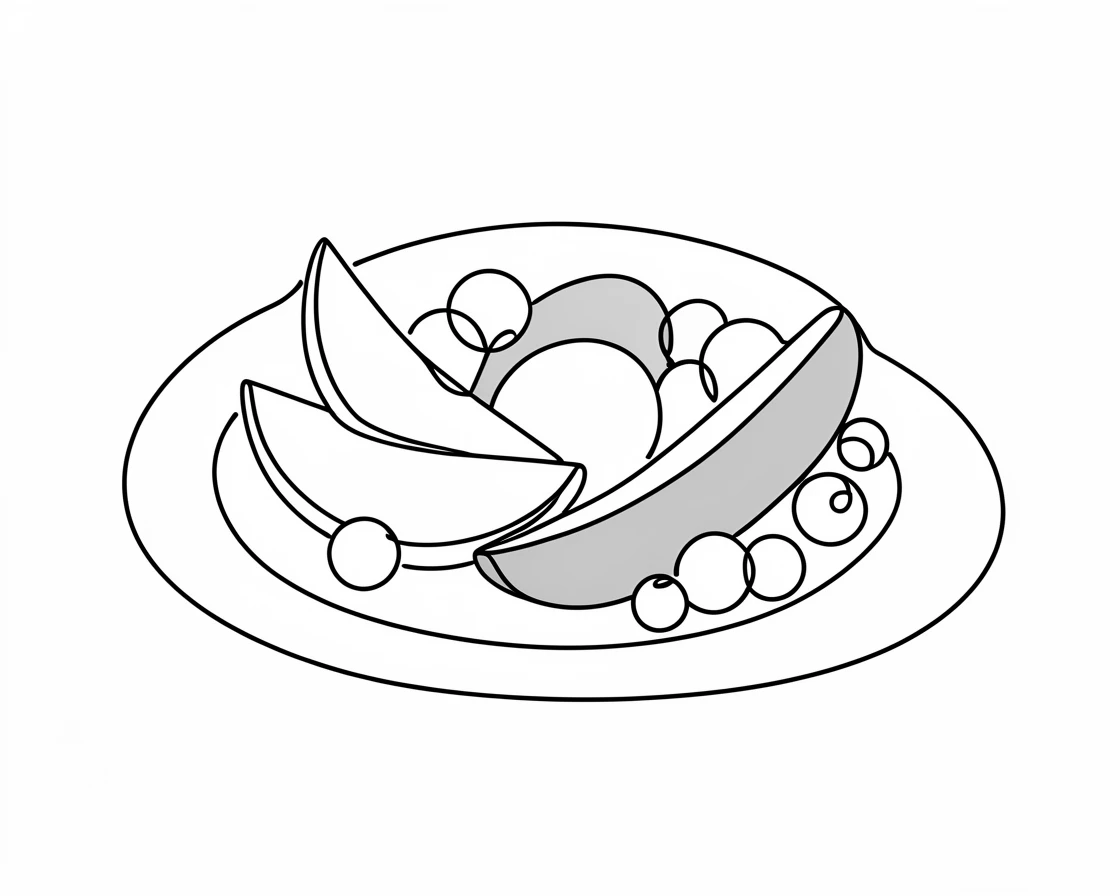 A colorful fruit platter arranged with slices of melon, mango, and berries