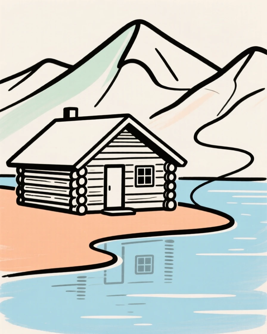 A log cabin beside a mountain lake