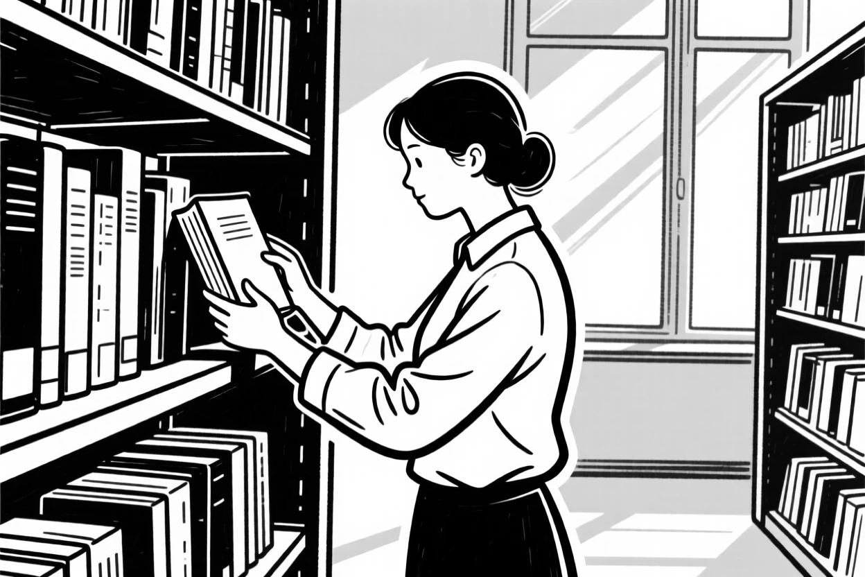 A librarian carefully shelving books in a quiet, sunlit library.