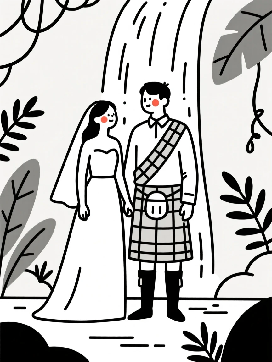 A bride and groom wearing a Scottish kilt, by a waterfall in the jungle.