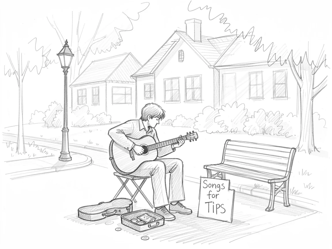 A musician busking on a city corner, in a peaceful suburban park, with golden morning light streaming through windows.