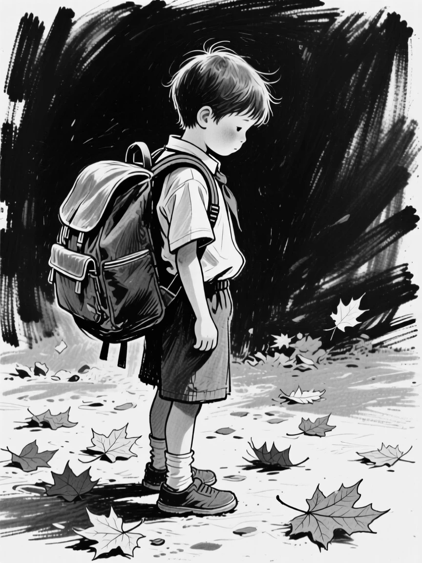 A child's first day of school, backpack too big, with autumn leaves scattered underfoot.