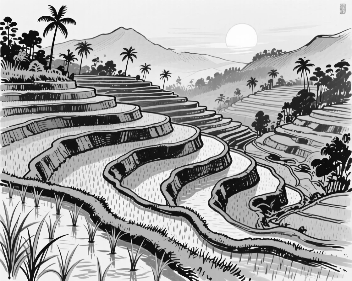The terraced rice fields of Bali glowing green under the morning sun.