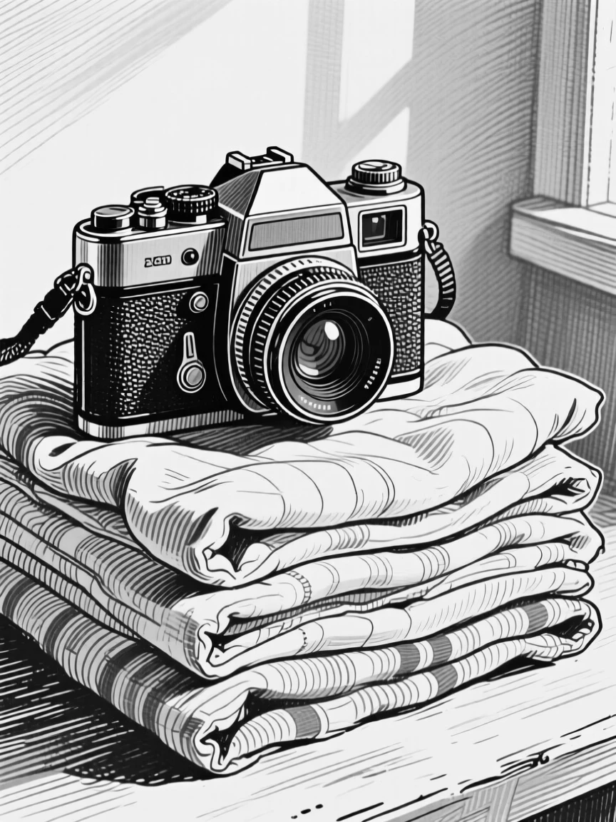 A classic film camera sitting atop a stack of folded linens, with soft natural light falling across its surface, forming a calm and homely still-life study.