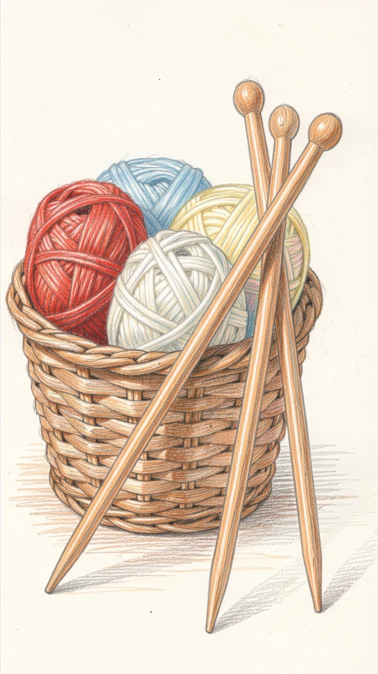 A woven basket of yarn beside a pair of knitting needles, with a nostalgic, well-loved quality, capturing the beauty of everyday treasures.