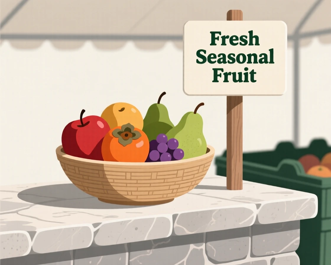 A bowl of seasonal fruit beautifully displayed on a stone counter at a farmers market.