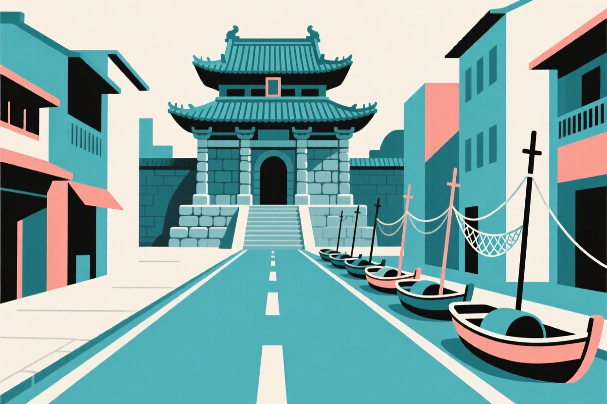 A journey through a vibrant Asian city street toward an ancient stone temple, passing a row of fishing boats, full of quiet discovery.