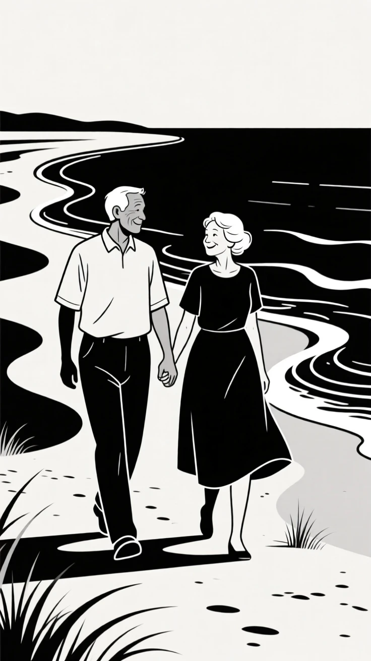 An elderly couple walking hand in hand along a beach.