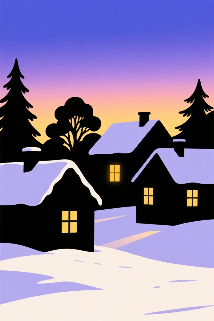 A quiet snow-covered village with warm light glowing from every window.