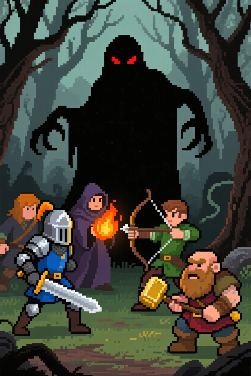 A small band of treasure hunters battling a shadow creature in a haunted forest, in a retro-style fantasy kingdom.