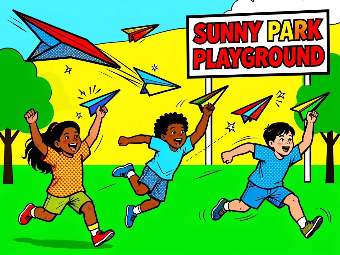 Children flying paper airplanes across a sunny park