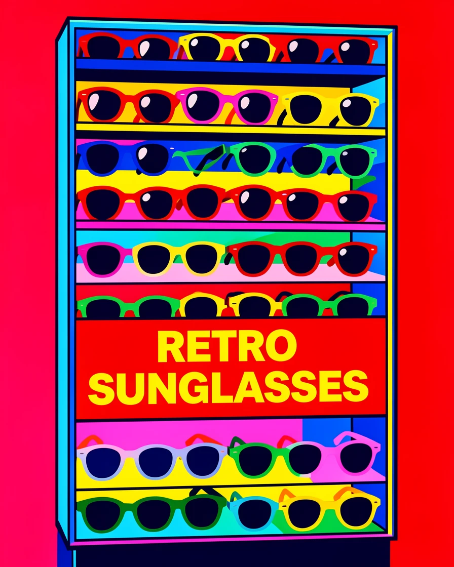 Retro sunglasses stacked in a display case