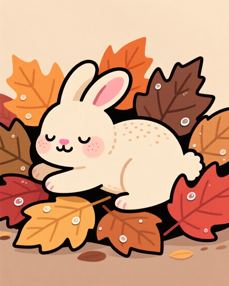 A tiny bunny stretching after a nap in a pile of autumn leaves, pausing to look up with curious, gentle eyes as dew glistens on the leaves.