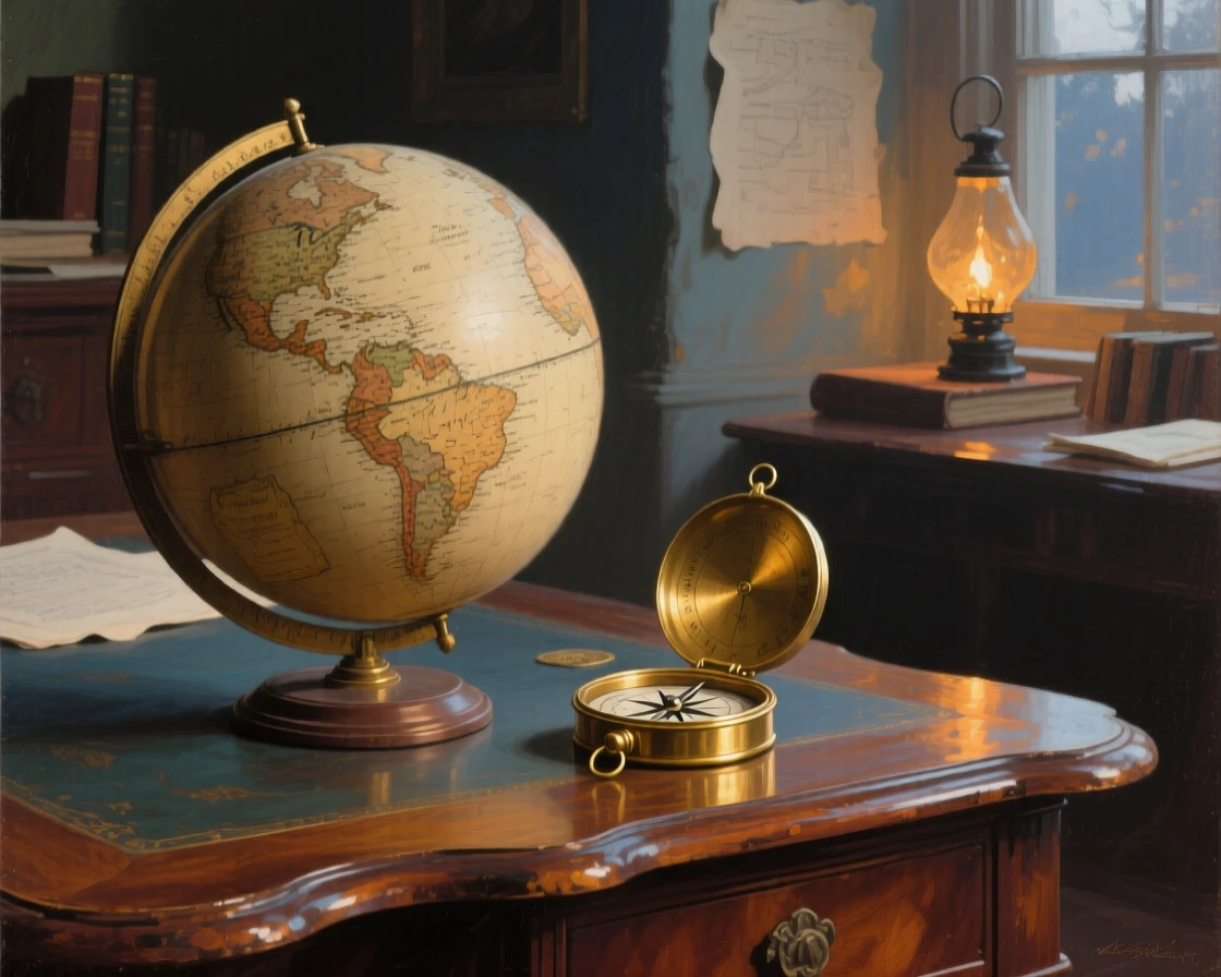 A medium shot of an old globe and brass compass on a mahogany desk, in the pale light of early evening.