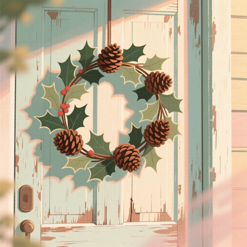 A wreath of holly and pinecones hanging on a weathered wooden door