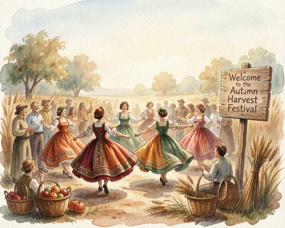 Dancers in traditional dress celebrating a harvest festival as the community gathers together in celebration.